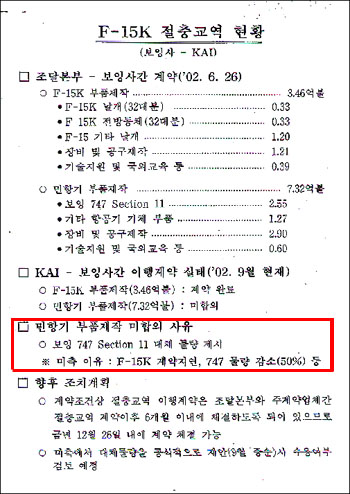 10일 국방부가 출입기자들에게 배포한 해명자료. 붉은 선 부분이 바로 미 보잉사가 약속을 불이행한 대목으로, 국방부는 <오마이뉴스>의 보도 내용을 전적으로 시인했다. 